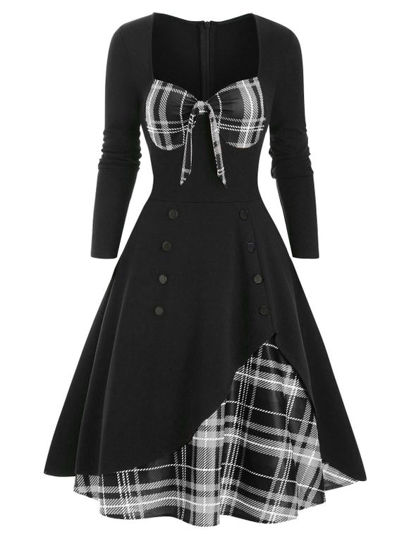 Robe Superposée à Carreaux Embelli de Bouton avec Nœud Papillon - Gris 3XL