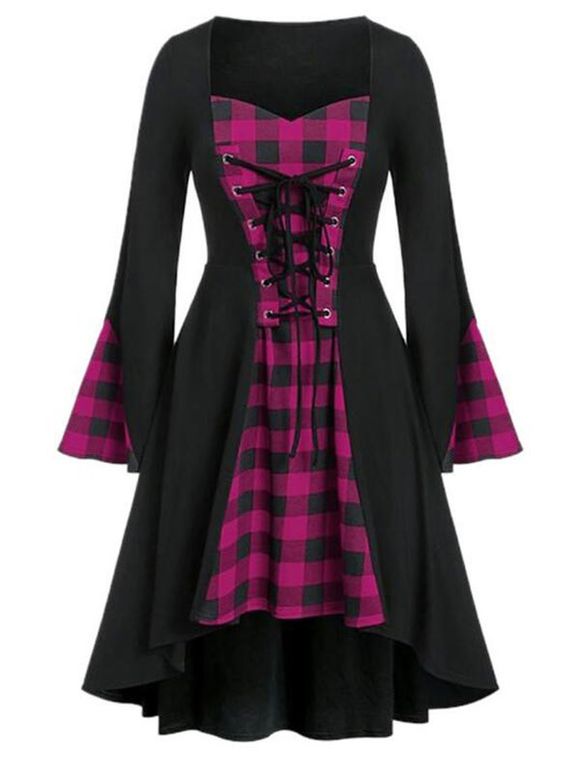 Plus Size Lace Up Plaid Haut Bas Robe mi-longue - Rose Néon 1X