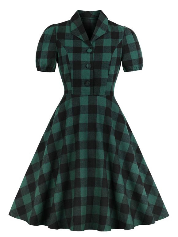 Robe à Carreaux Boutonné en Flanelle Année 1950s - Vert profond XL