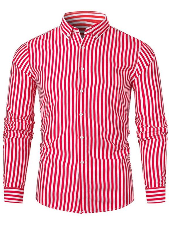 Chemise Boutonnée Rayée à Manches Longues - Rouge XL
