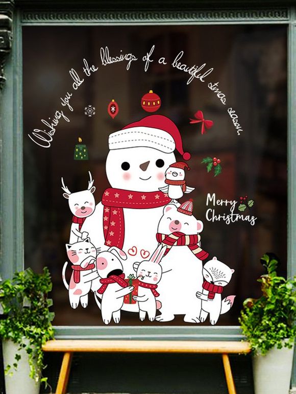 Autocollant Mural de Noël Amovible Animal et Bonhomme de Neige Imprimés - multicolor 45X60CM
