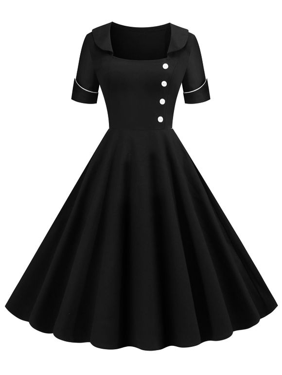 Robe Vintage Boutonnée Contrastée à Coupe Basse - Noir XL