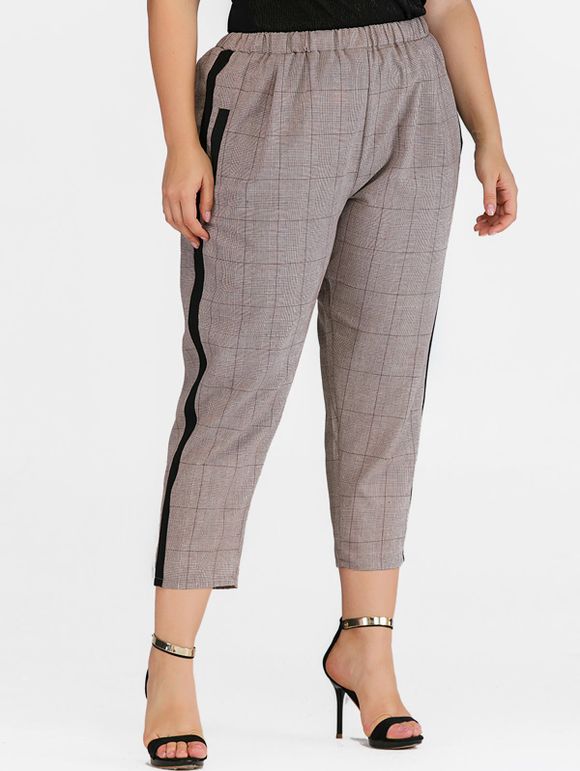 Pantalon Droit Contrasté à Carreaux avec Poche de Grande Taille - Kaki 1X