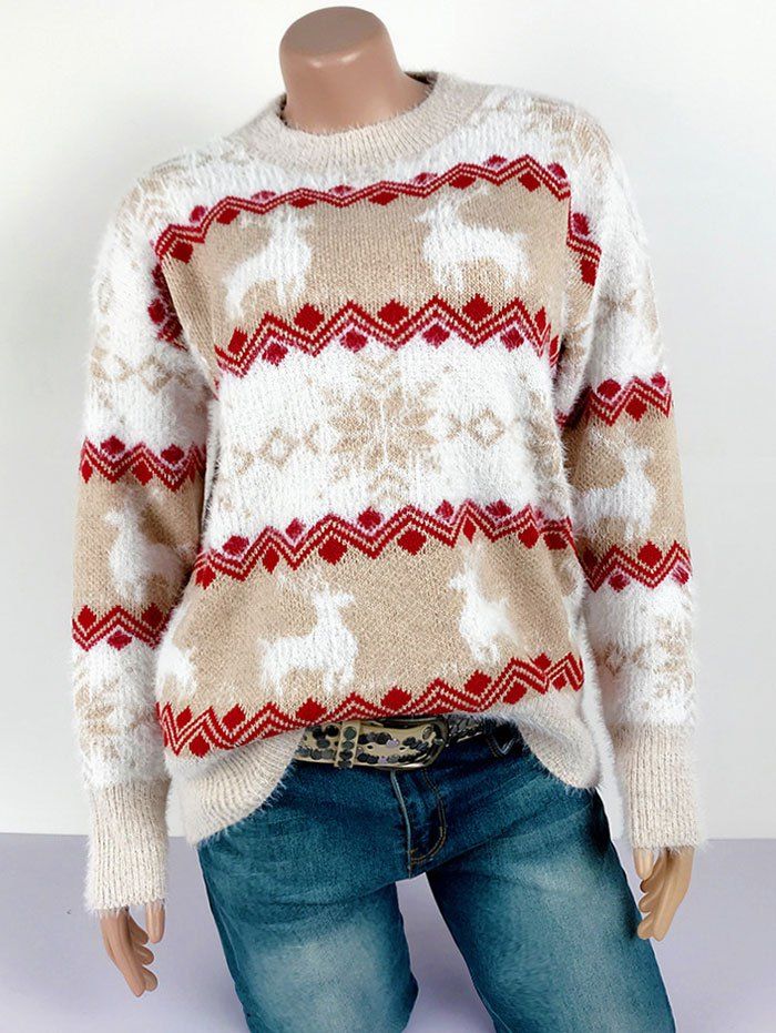 Crew Neck Fuzzy Elk Snowflake Christmas Sweater - LIGHT KHAKI S