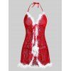 Christmas Fuzzy Tie Front T Back Plus Size Lace Babydoll - RED 2X