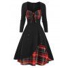 Robe Superposée à Carreaux Embelli de Bouton avec Nœud Papillon - Noir M