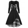 Robe Superposée à Carreaux Embelli de Bouton avec Nœud Papillon - Gris 3XL