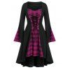 Plus Size Lace Up Plaid Haut Bas Robe mi-longue - Rose Néon 1X