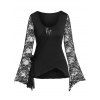 T-shirt Asymétrique en Dentelle Insérée à Manches de Cloche - Noir L