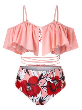 Plus Size Ruffled Lace Up Floral Two Piece Swimsuit