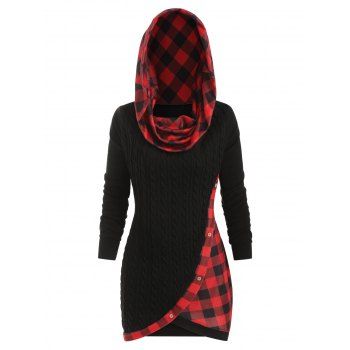 

Plus Size Convertible Plaid Cable Knit Sweater, Black