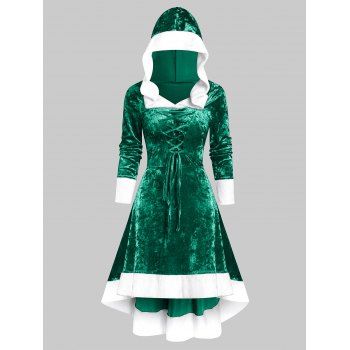 

Hooded Faux Fur Trim Lace-up High Low Flannel Dress, Medium sea green