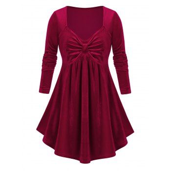 

Plus Size Bowknot Long Sleeve Top, Red wine