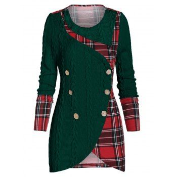 

Plaid Panel Mock Button High Low Sweater, Dark green