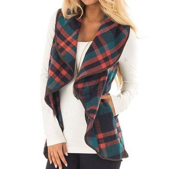

Plaid Waterfall Collar Pocket Waistcoat, Deep green