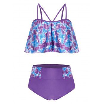 

Plus Size Tie Dye Galaxy Print Ruffled Tankini Swimsuit, Purple flower