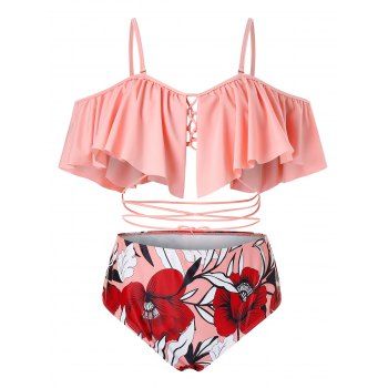 Women Plus Size Ruffled Lace Up Floral Two Piece Swimsuit Swimsuit Beachwear 4x Light pink
