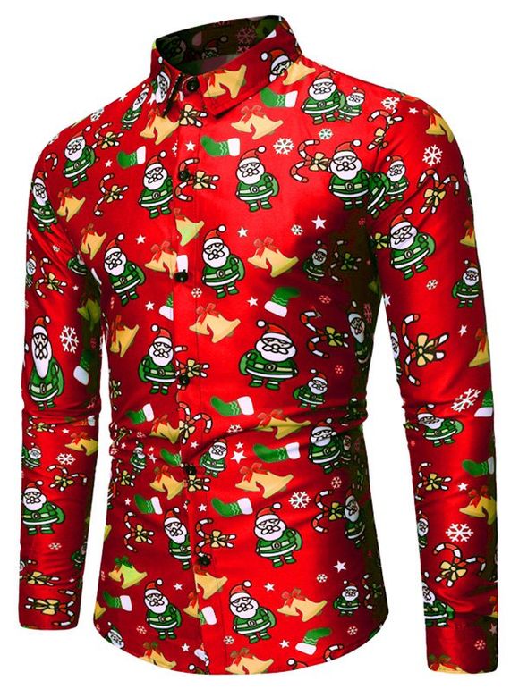 Chemise Motif de Père Noël et de Cloche à Manches Longues - Rouge XL