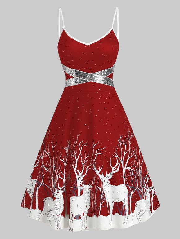 Mini Robe de Soirée Noël à Bretelle à Imprimé Renne Pailletées - Rouge L