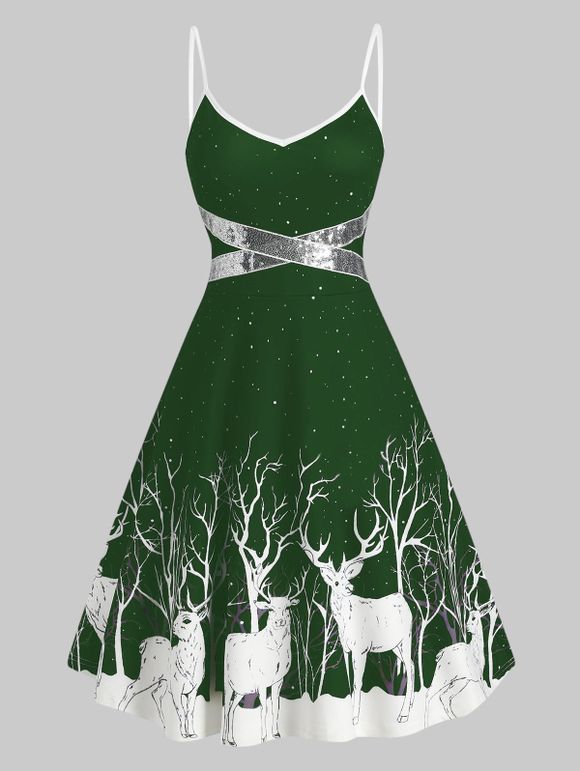 Mini Robe de Soirée Noël à Bretelle à Imprimé Renne Pailletées - Vert Forêt Moyen 3XL