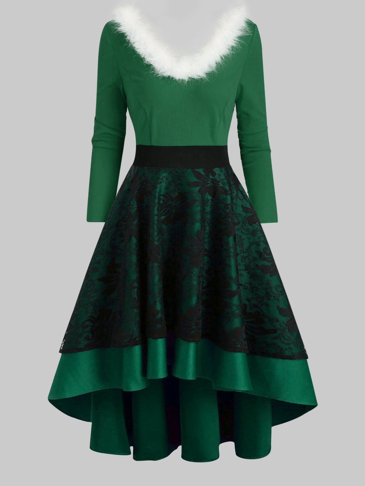 

Faux Fur V Collar Lace Overlay High Low Dress, Clover green