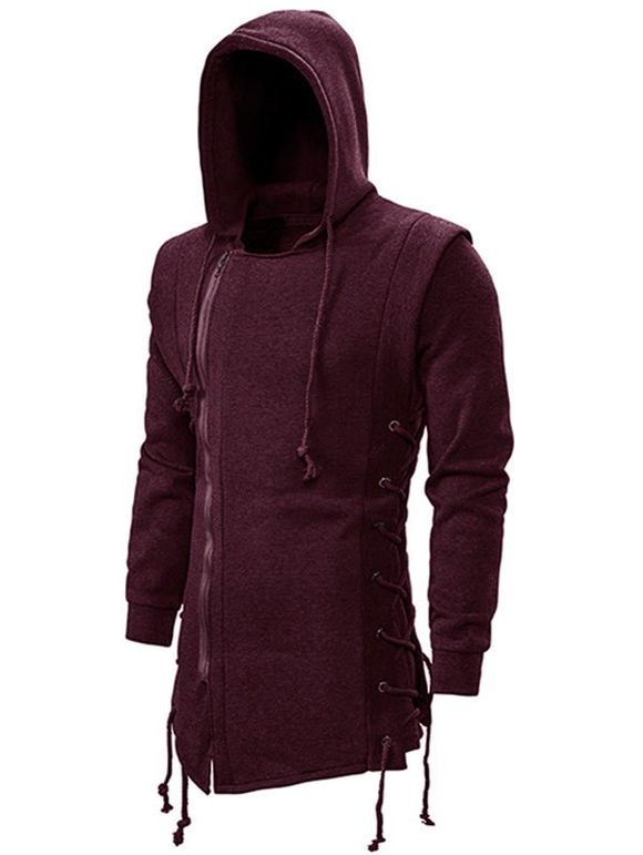 Side Lace Up Fleece Gothic Hoodie - RED WINE L