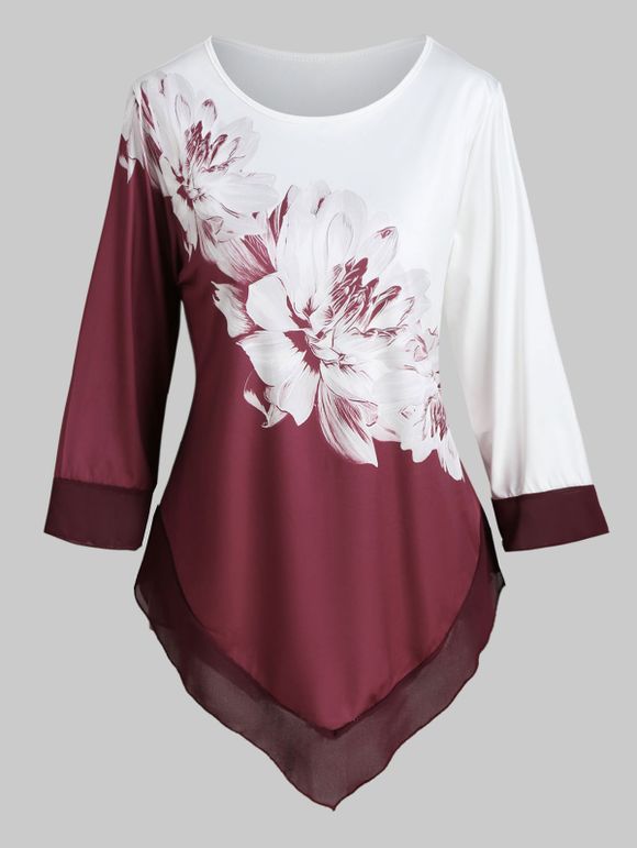 T-shirt Asymétrique Bicolore Fleuri Imprimé de Grande Taille - Rouge Vineux L