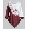 T-shirt Asymétrique Bicolore Fleuri Imprimé de Grande Taille - Rouge Vineux M