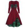 Robe Superposée à Carreaux Embelli de Bouton avec Nœud Papillon - Rouge Vineux M