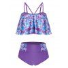 Maillot de Bain Tankini Superposé Teinté Galaxie Imprimée de Grande Taille à Volants - Fleur Violet 4X