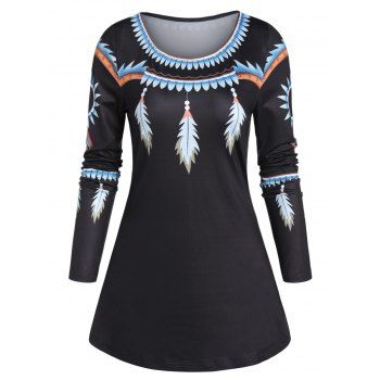 

Feather Print Tunic Swing T Shirt, Black