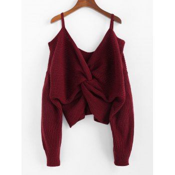 

Twisted Open Shoulder Pullover Sweater, Red wine