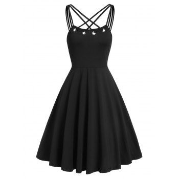 

Criss Cross Grommet High Waisted Flare Cami Dress, Black