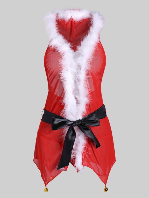 Body Cloche de Noël Ceinturé Fourré Grande Taille avec T-String - Rouge L