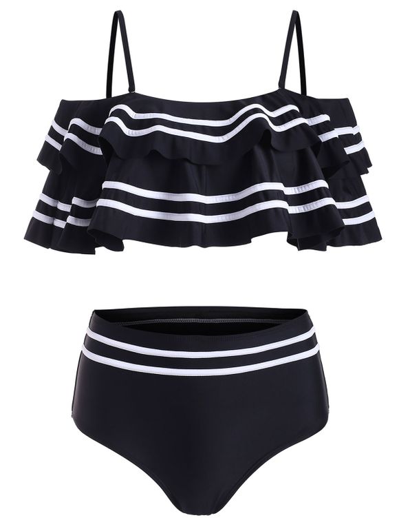 Layered Flounce Striped Panel Cold Shoulder Bikini Swimsuit - BLACK M