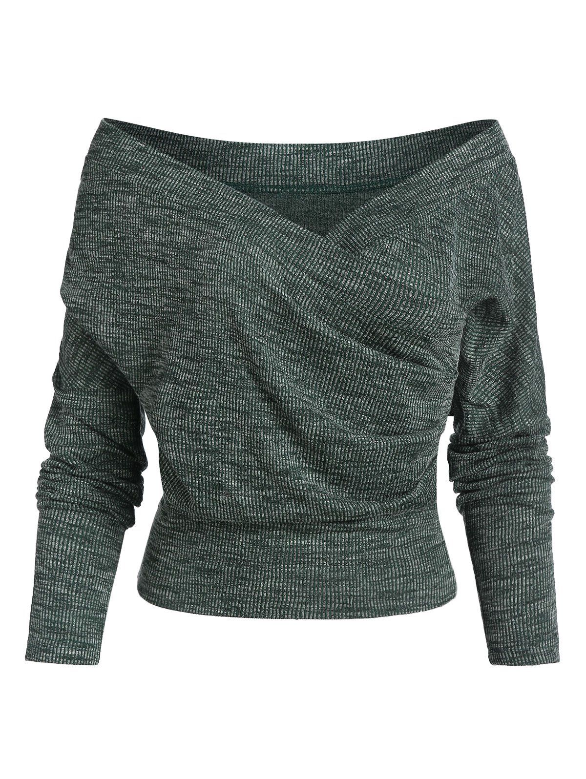 Off The Shoulder Heathered Ribbed Surplice Sweater - MEDIUM SEA GREEN 3XL.