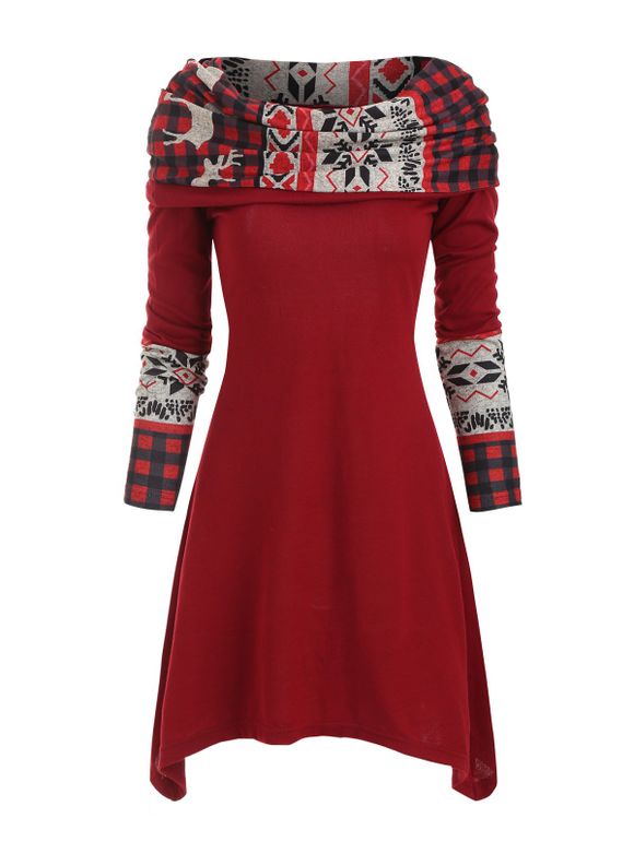 Elk Plaid Knitted Multiway Asymmetrical Dress - RED WINE M