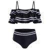 Layered Flounce Striped Panel Cold Shoulder Bikini Swimsuit - BLACK S