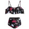 Maillot de Bain Tankini Fleuri Oiseaux Imprimé à Epaule Dénudée - Noir 2XL