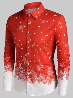 Chemise de Noël Boutonnée Flocon de Neige Imprimé à Manches Longues