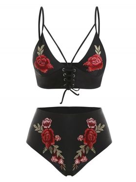 Floral Embroidered Harness Lace Up Plus Size Bikini Swimsuit