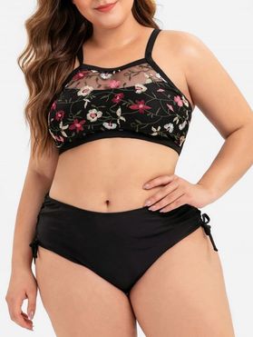 Floral Embroidered Mesh Overlay Lace-up Plus Size Bikini Swimsuit