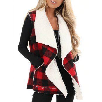 

Faux Fur Lining Waterfall Collar Plaid Pocket Waistcoat, Red wine