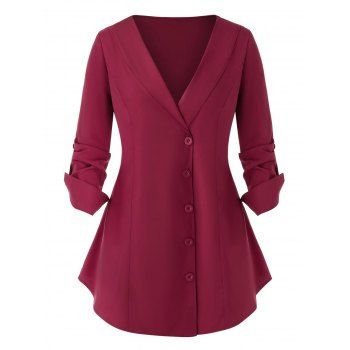 

Plus Size Buttons Long Sleeve Top, Red wine