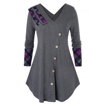 

Plus Size Plaid Panel Long Sleeve Buttoned Tunic Tee, Gray