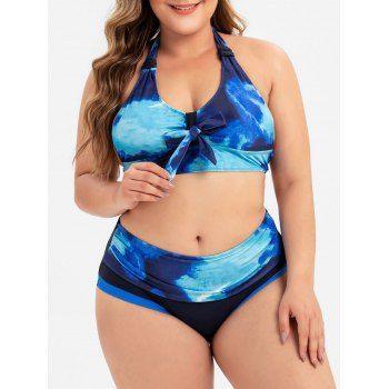 

Halter Tie Dye Ruched Plus Size Bikini Swimsuit, Blue