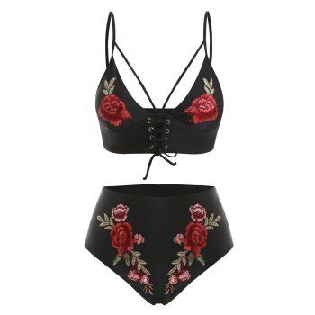 

Floral Embroidered Harness Lace Up Plus Size Bikini Swimsuit, Black