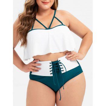 

Strappy Flounce Lace-up Plus Size Bikini Swimsuit, White
