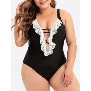 

Lace Panel Laddering Cut Out Plus Size One-piece Swimsuit, Black