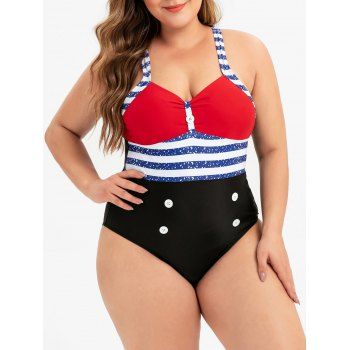 

Plus Size Striped Buttons One-piece Swimsuit, Black